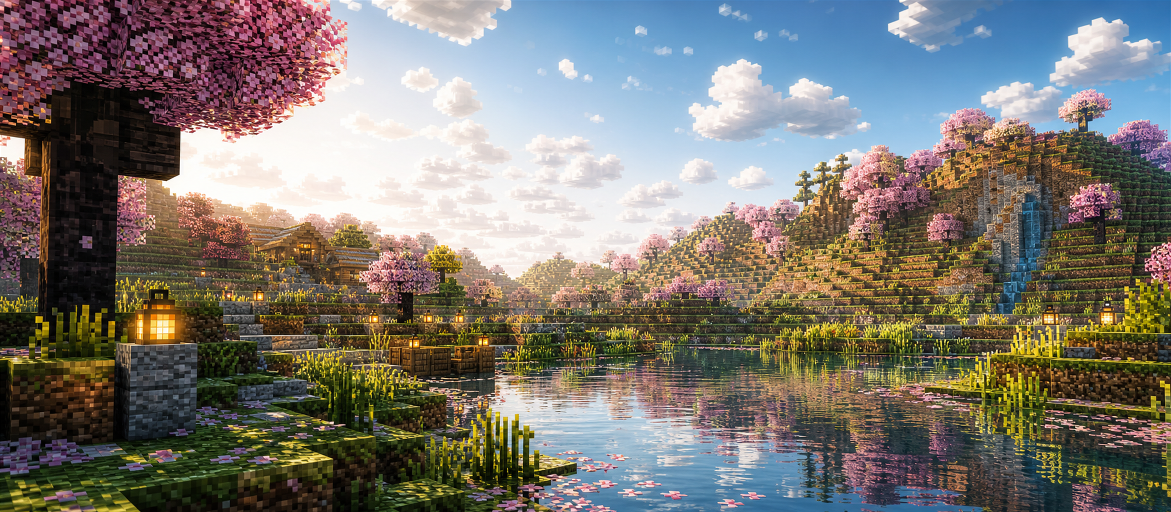 Cherry blossom voxel world landscape
